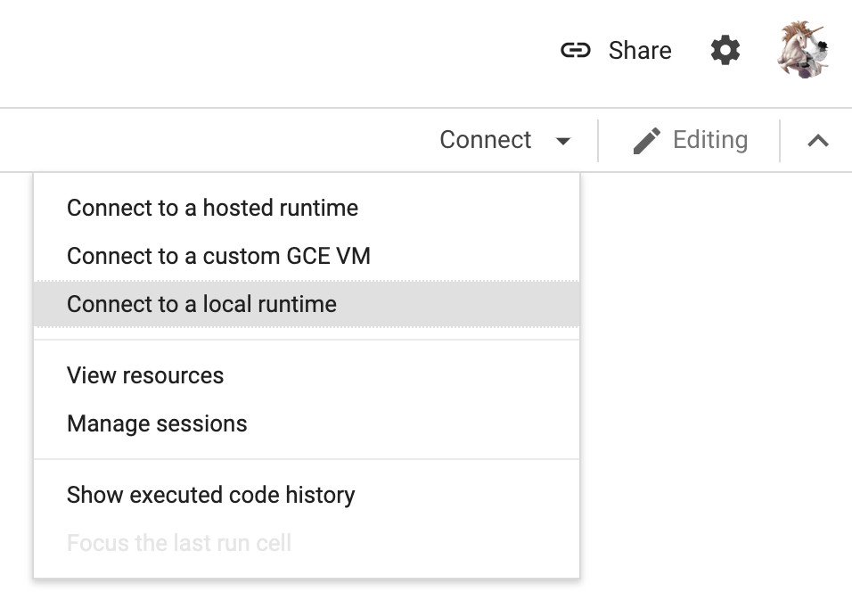 Google Colab Connect to Local Runtime button